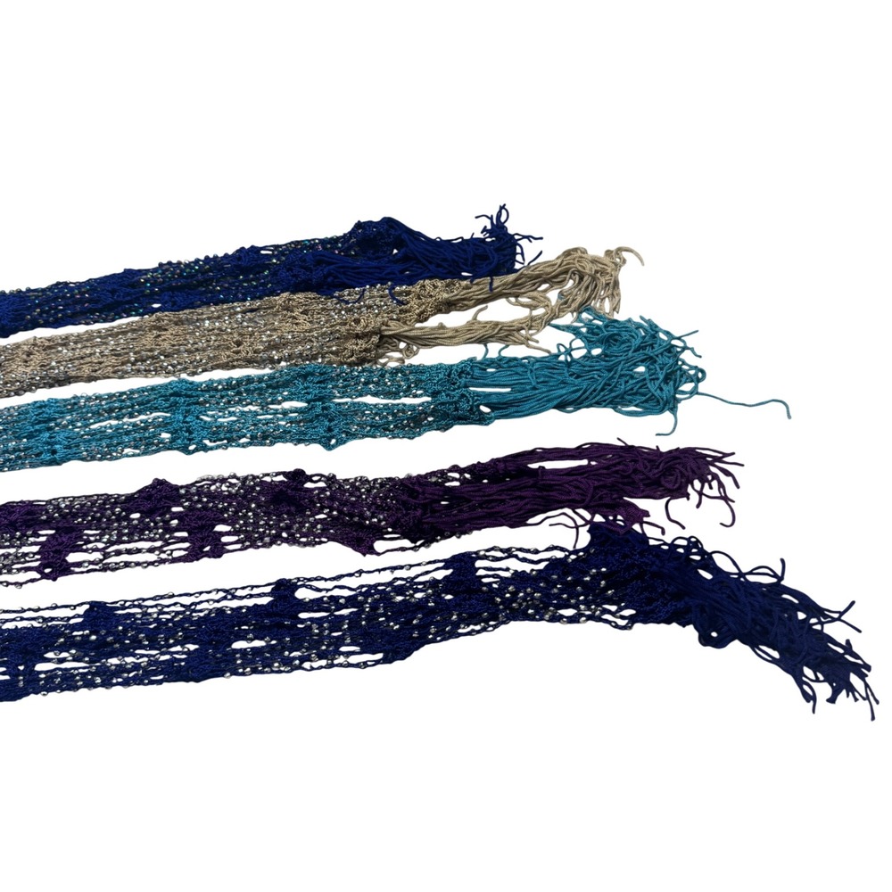 Lot of 5 Crochet Beaded Knit Fringe Skinny Scarf Multi Strand Necklace Boho - Picture 3 of 5